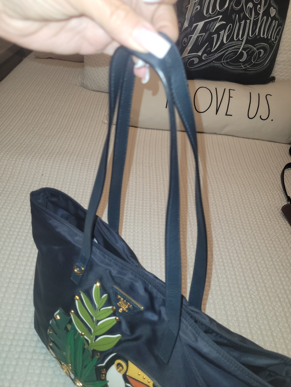 Prada Tessuto Nylon Tropical Toucan Appliqué Navy Tote Bag - Picture 3 of 9